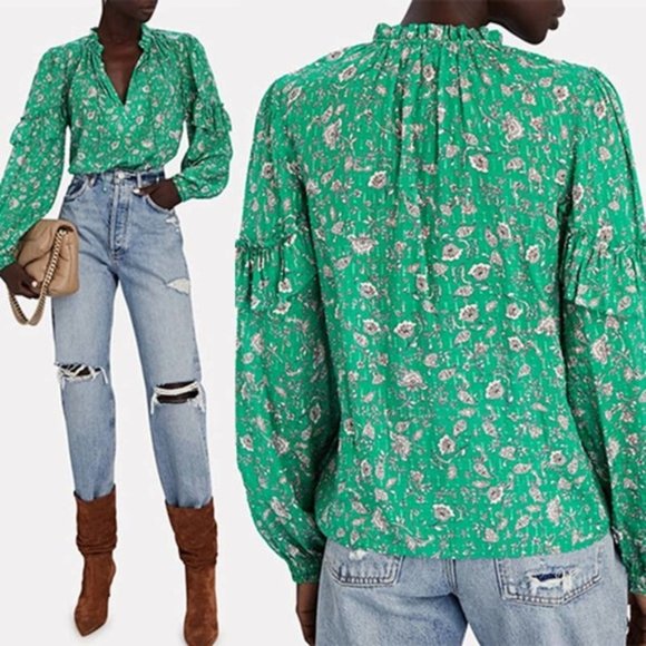 Intermix Marika Ruffled Fil Coupé Casual Blouse Women's Green Size: XS NWOT - Picture 1 of 9
